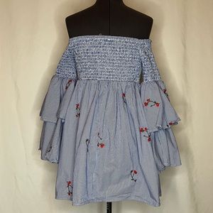 seersucker strapless dress with bell sleeves and smocked top
